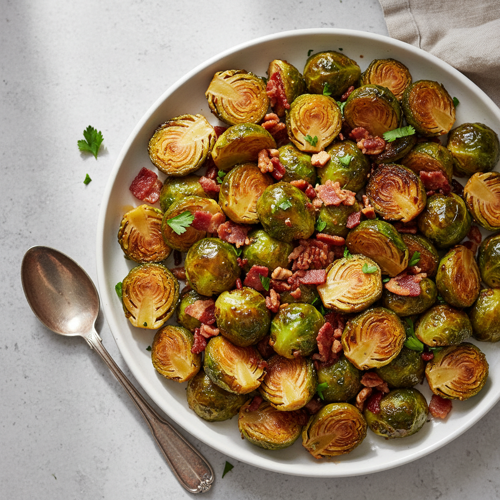 Air Fryer Maple Glazed Brussels Sprouts with Bacon