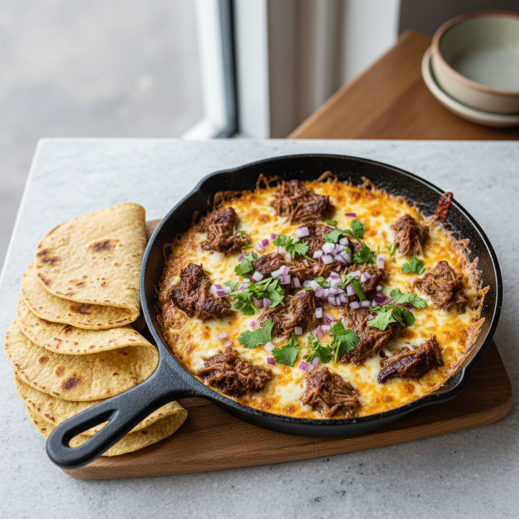 Birria Queso Fundido Skillet