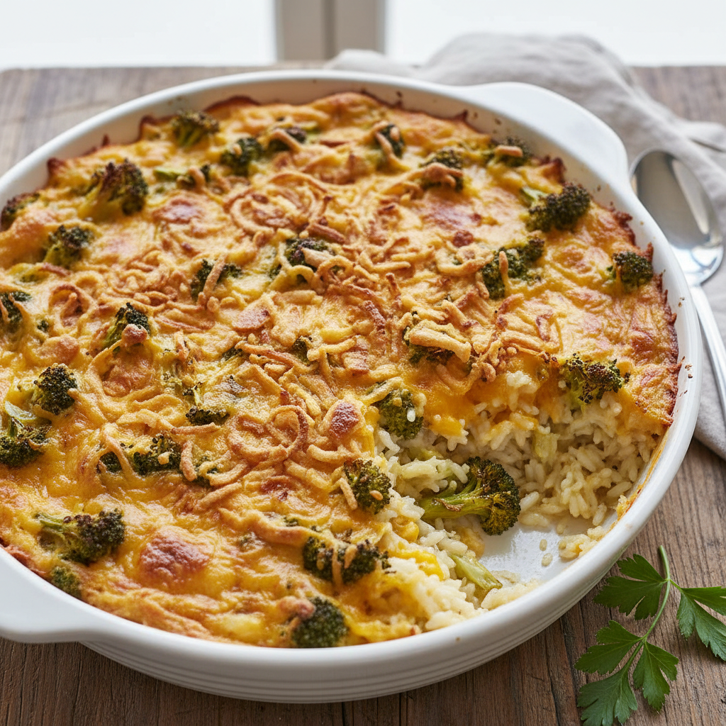Cheesy Broccoli Rice Casserole with Crispy Onions