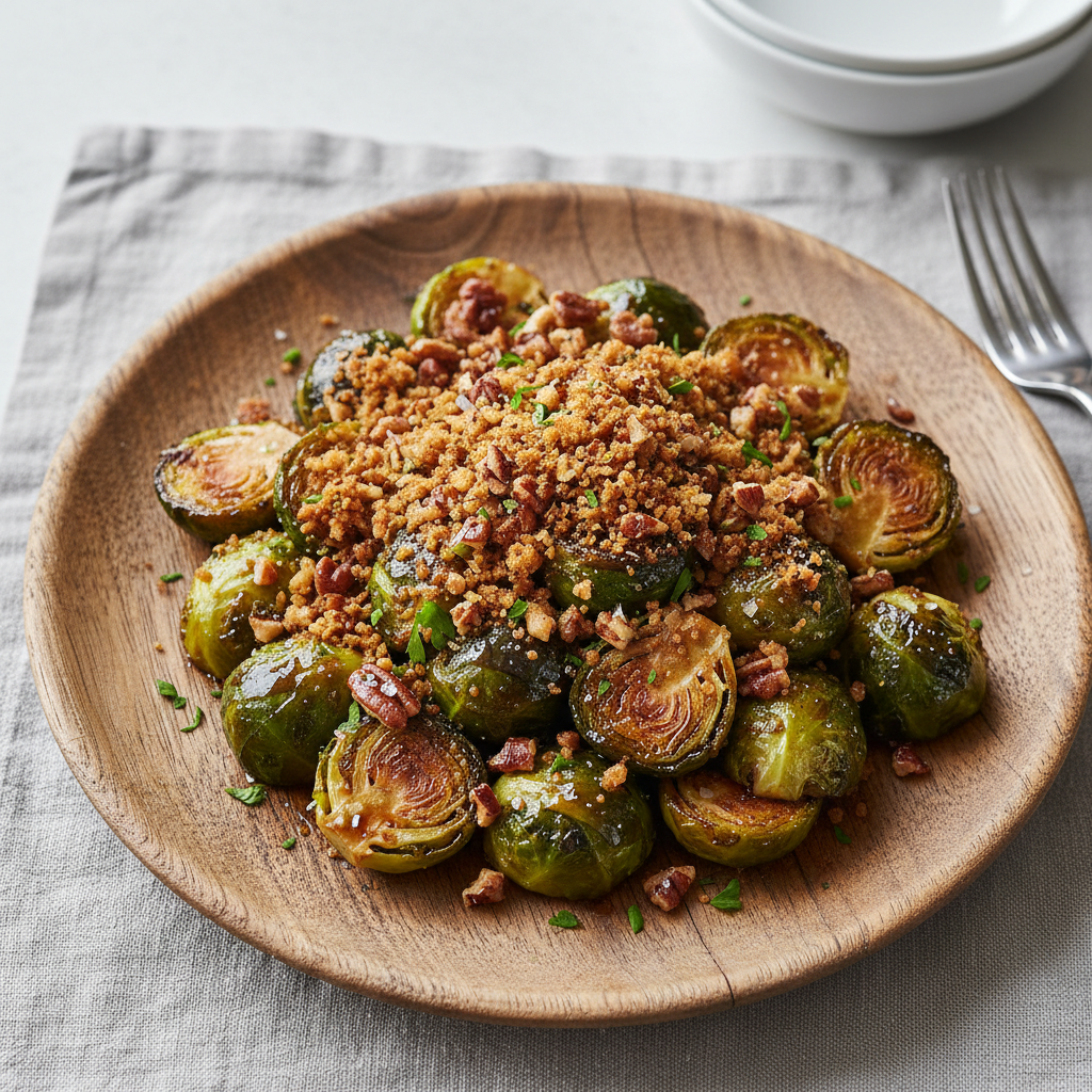 Roasted Brussels Sprouts with Maple-Pecan Crunch