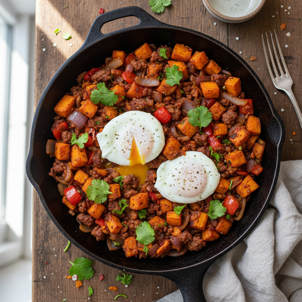 Savory Sweet Potato Hash with Poached Eggs