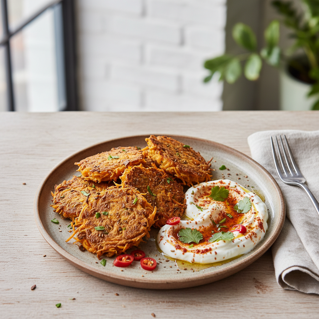 Spiced Carrot Fritters with Harissa Yogurt